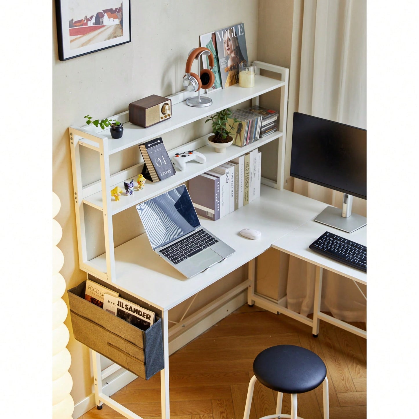 L-Shaped 94.5 Inch Corner Desk with Storage Shelves and Stool Reversible Home Office Desk for Two with Adjustable Feet