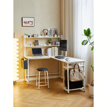 L-Shaped 94.5 Inch Corner Desk with Storage Shelves and Stool Reversible Home Office Desk for Two with Adjustable Feet