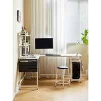 L-Shaped 94.5 Inch Corner Desk with Storage Shelves and Stool Reversible Home Office Desk for Two with Adjustable Feet