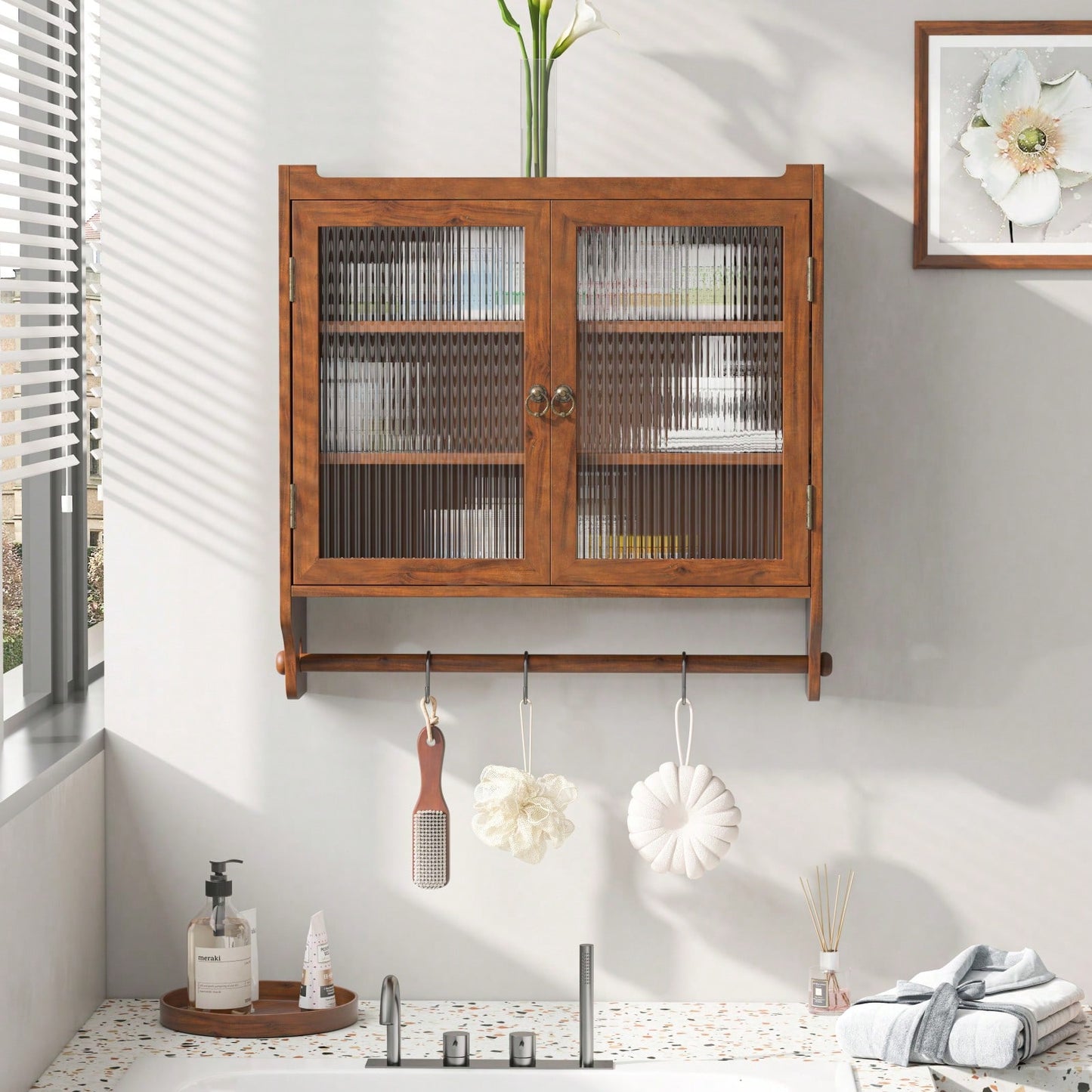 Rustic 24 Inch Farmhouse Wall Storage Cabinet with Glass Doors 3-Tier Organizer and Towel Bar for Kitchen or Bathroom