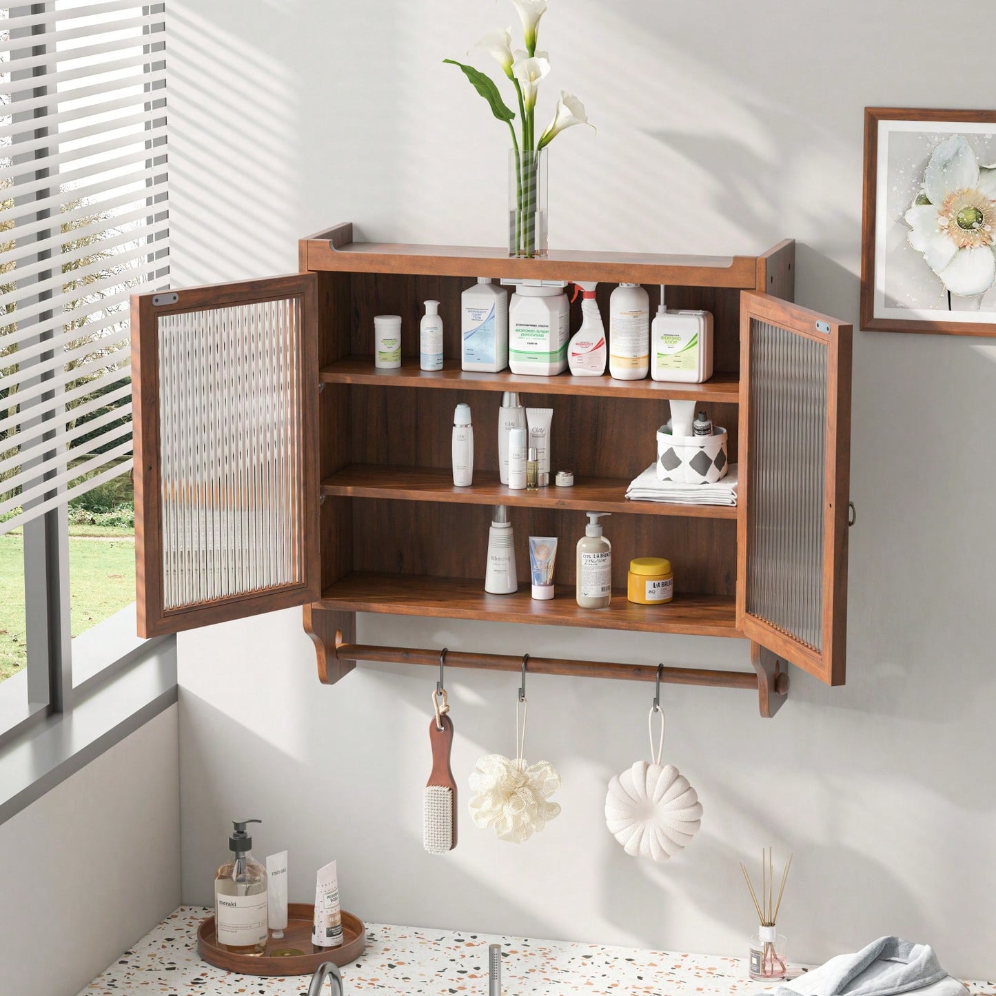 Rustic 24 Inch Farmhouse Wall Storage Cabinet with Glass Doors 3-Tier Organizer and Towel Bar for Kitchen or Bathroom