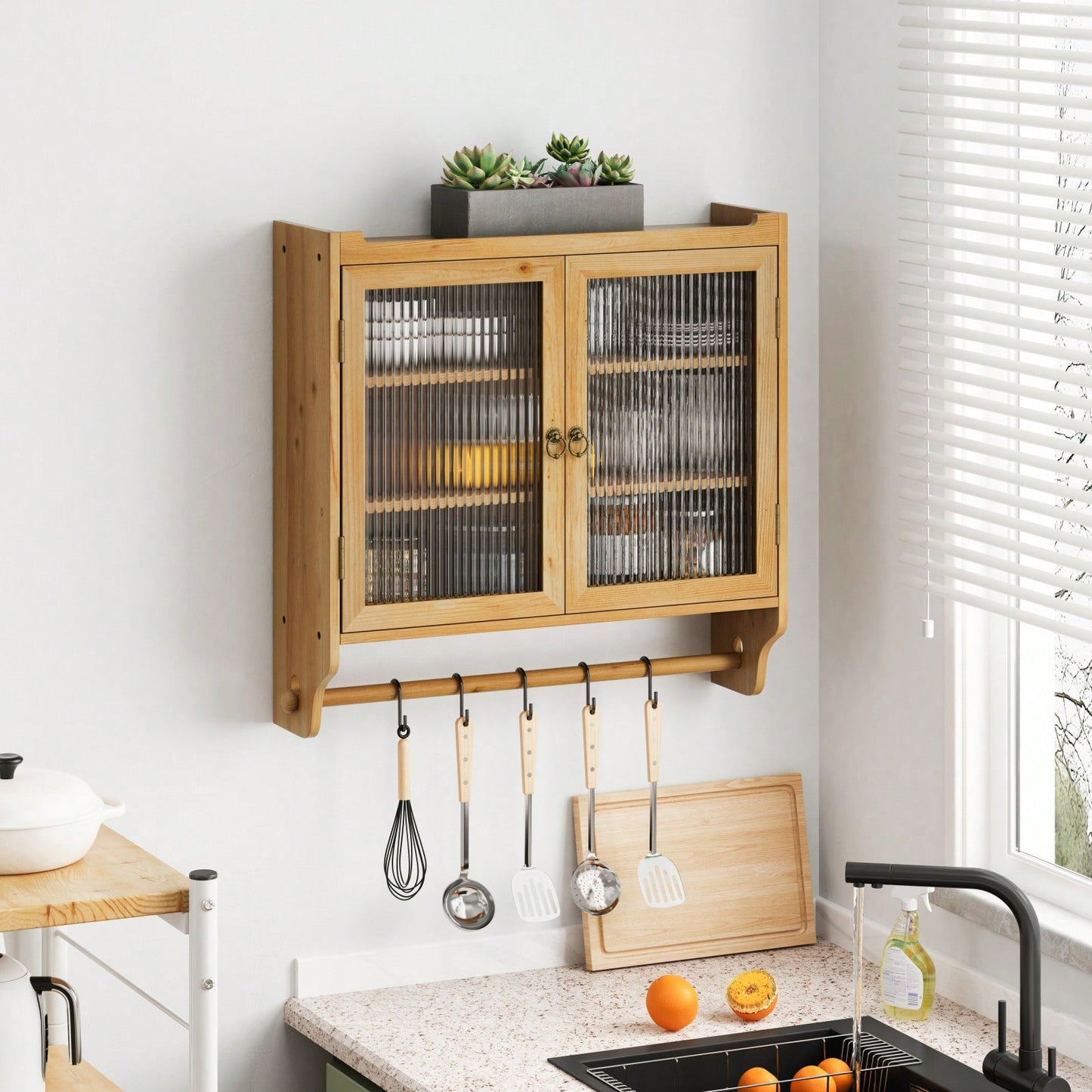 Rustic 24 Inch Farmhouse Wall Storage Cabinet with Glass Doors 3-Tier Organizer and Towel Bar for Kitchen or Bathroom