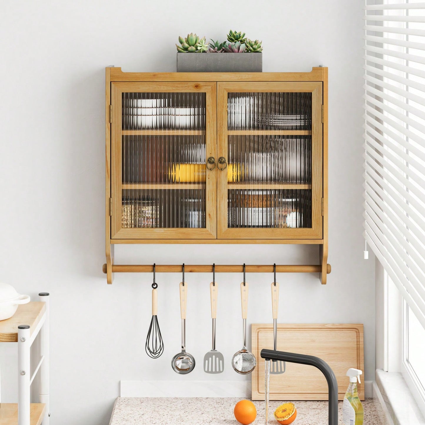 Rustic 24 Inch Farmhouse Wall Storage Cabinet with Glass Doors 3-Tier Organizer and Towel Bar for Kitchen or Bathroom