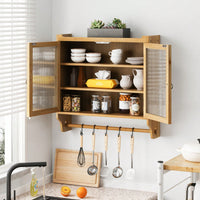 Rustic 24 Inch Farmhouse Wall Storage Cabinet with Glass Doors 3-Tier Organizer and Towel Bar for Kitchen or Bathroom