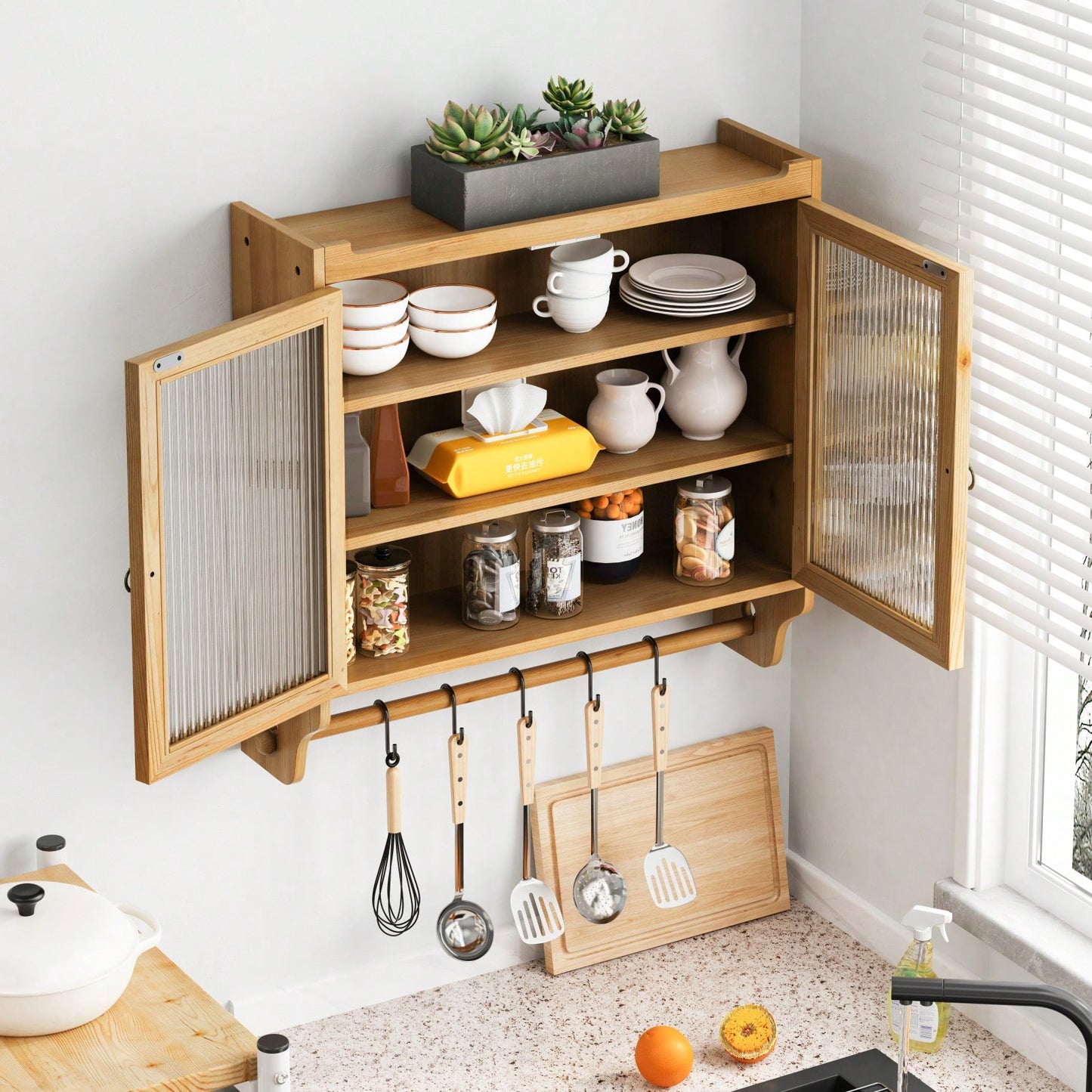 Rustic 24 Inch Farmhouse Wall Storage Cabinet with Glass Doors 3-Tier Organizer and Towel Bar for Kitchen or Bathroom