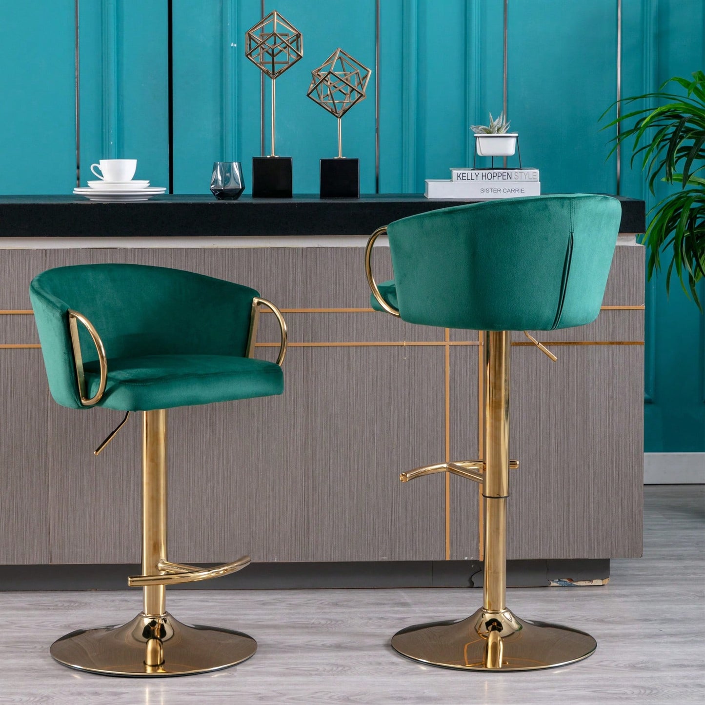 Adjustable Velvet Bar Stools Set of 2 with Backrest and Footrest Modern Swivel Chairs for Kitchen Island Golden Base