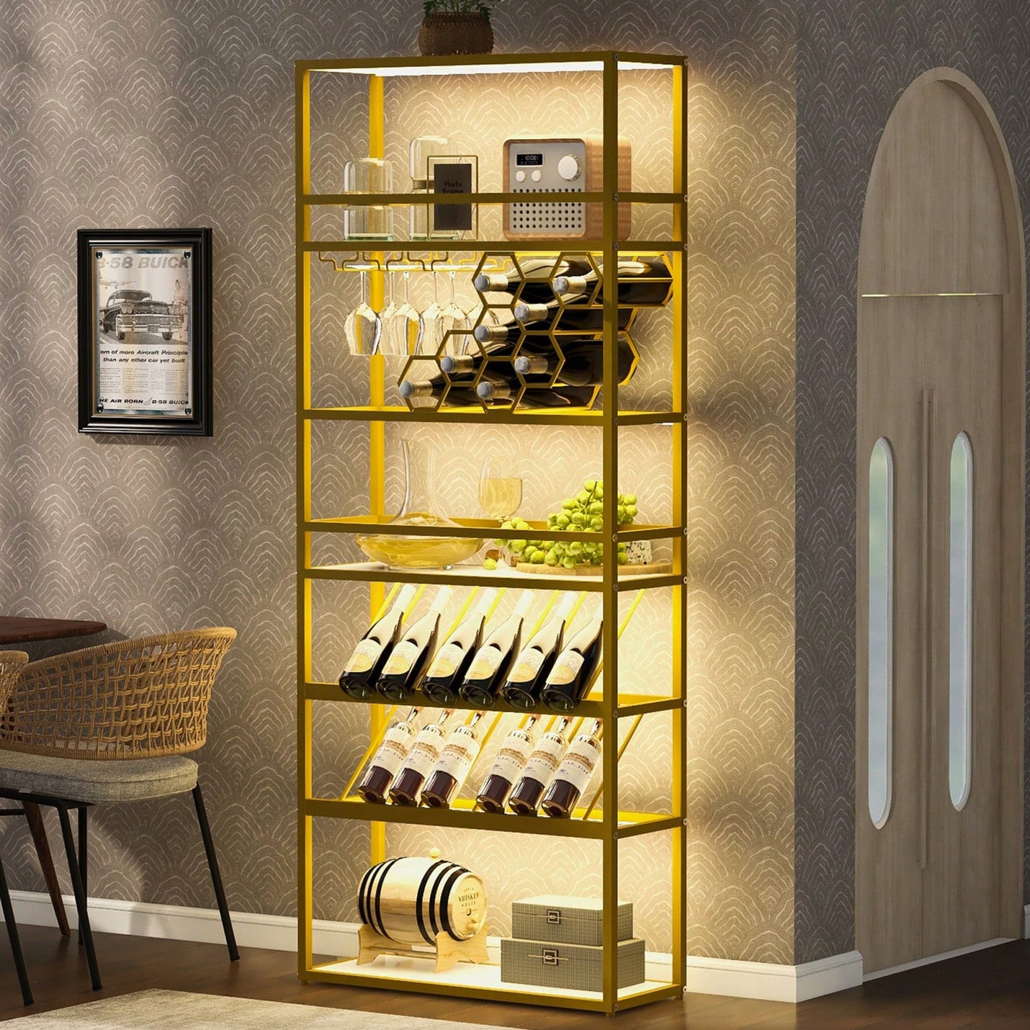 7-Tier LED Wine Rack Freestanding Floor Wine Storage - Industrial Wine Display Shelf & Glass Holder - Bar Cabinet For Kitchen, Dining Room