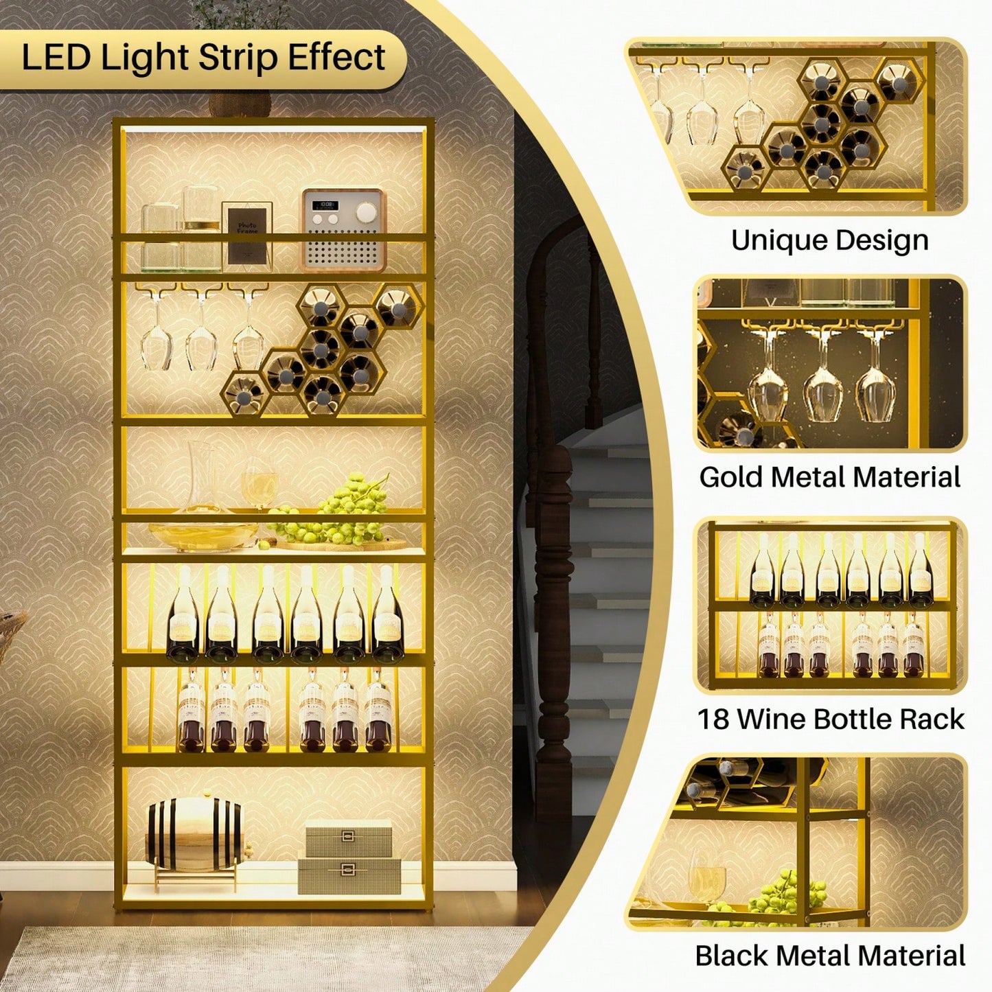 7-Tier LED Wine Rack Freestanding Floor Wine Storage - Industrial Wine Display Shelf & Glass Holder - Bar Cabinet For Kitchen, Dining Room