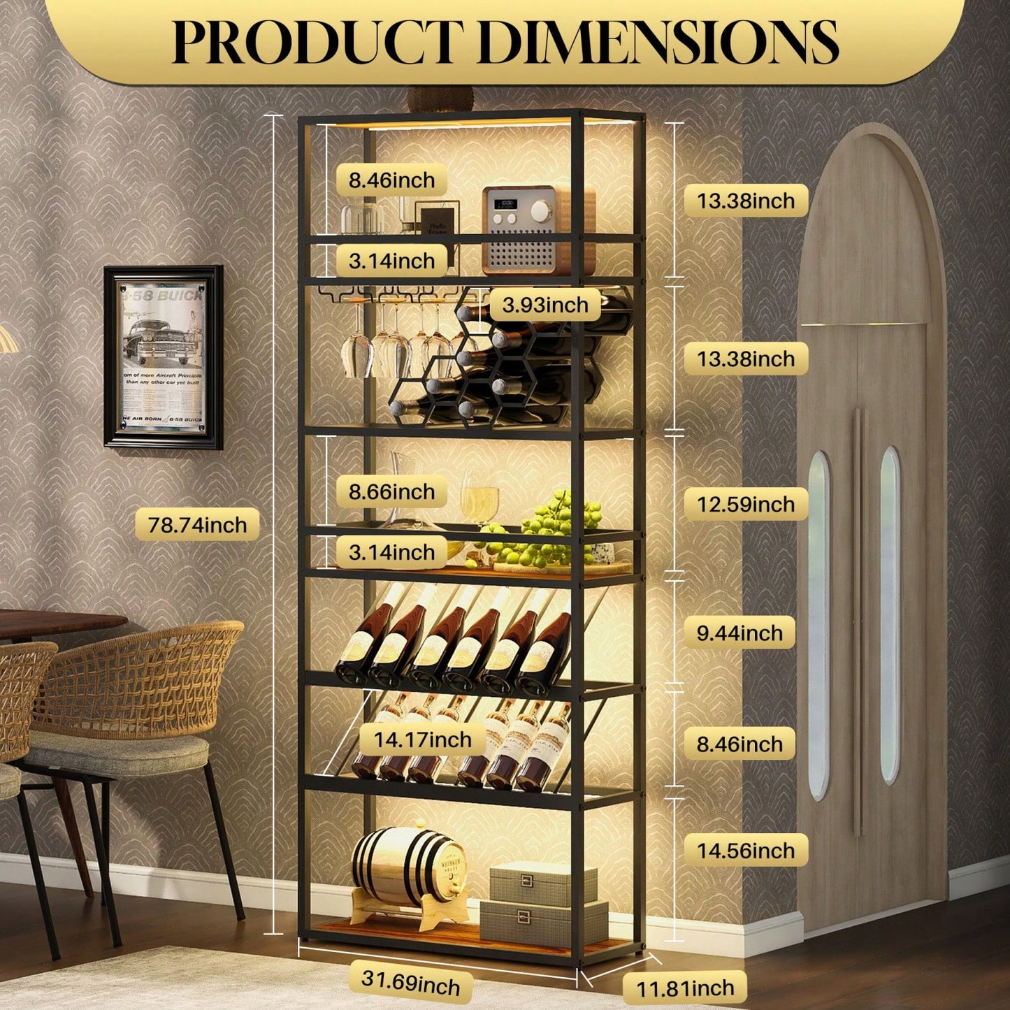 7-Tier LED Wine Rack Freestanding Floor Wine Storage - Industrial Wine Display Shelf & Glass Holder - Bar Cabinet For Kitchen, Dining Room