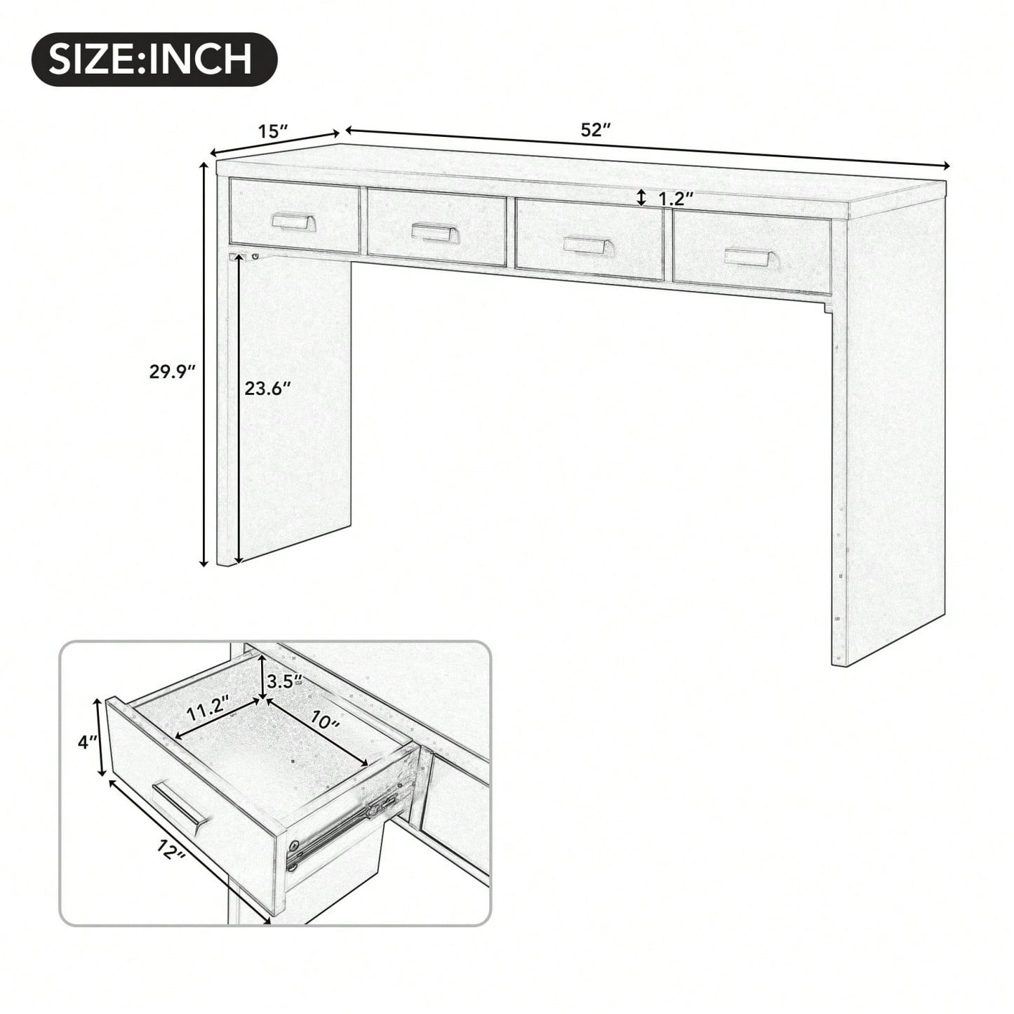 Modern Console Table With 4 Drawers & Open Storage Shelf, Entryway Table With Metal Handles For Living Room, Bedroom, Dining Room (White)