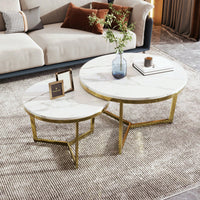 Nesting Round Coffee Table Set of 2 with White Marble Top and Gold Metal Frame Stackable Design for Living Room