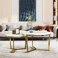 Nesting Round Coffee Table Set of 2 with White Marble Top and Gold Metal Frame Stackable Design for Living Room