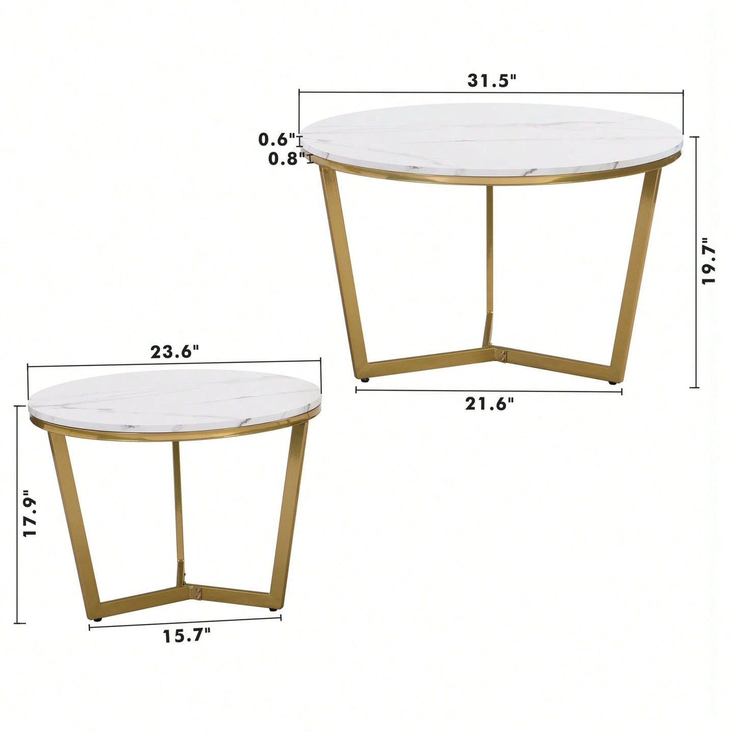 Nesting Round Coffee Table Set of 2 with White Marble Top and Gold Metal Frame Stackable Design for Living Room