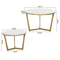 Nesting Round Coffee Table Set of 2 with White Marble Top and Gold Metal Frame Stackable Design for Living Room