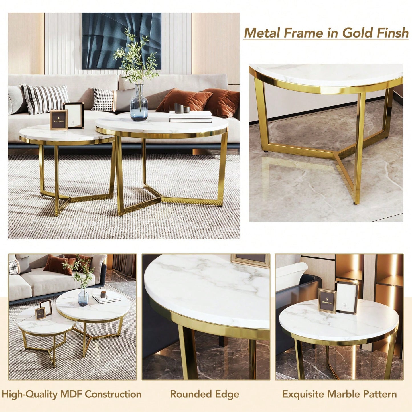 Nesting Round Coffee Table Set of 2 with White Marble Top and Gold Metal Frame Stackable Design for Living Room
