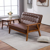 2-Seat Wood Armchair Living Room/Outdoor Lounge Chair Pu Leather Upholstered Loveseat Sofa