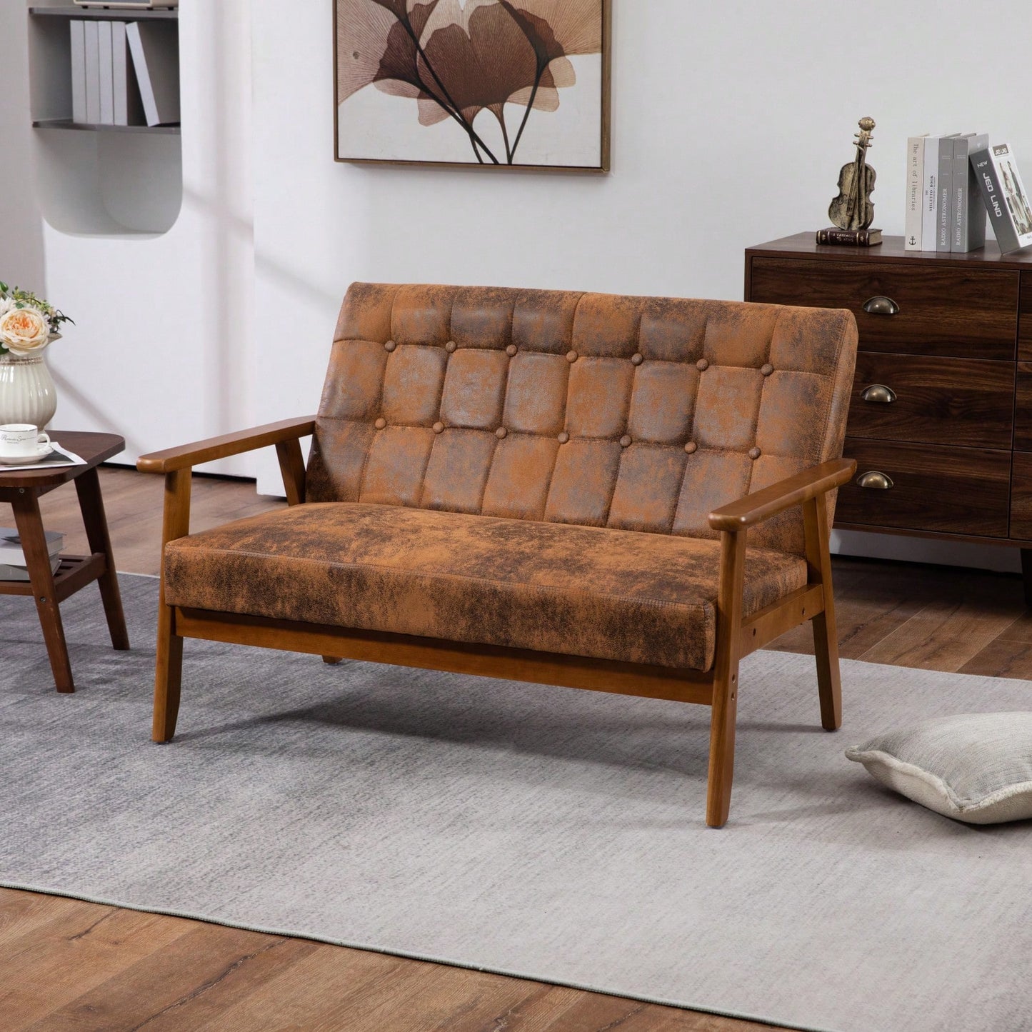 2-Seat Wood Armchair Living Room/Outdoor Lounge Chair Pu Leather Upholstered Loveseat Sofa