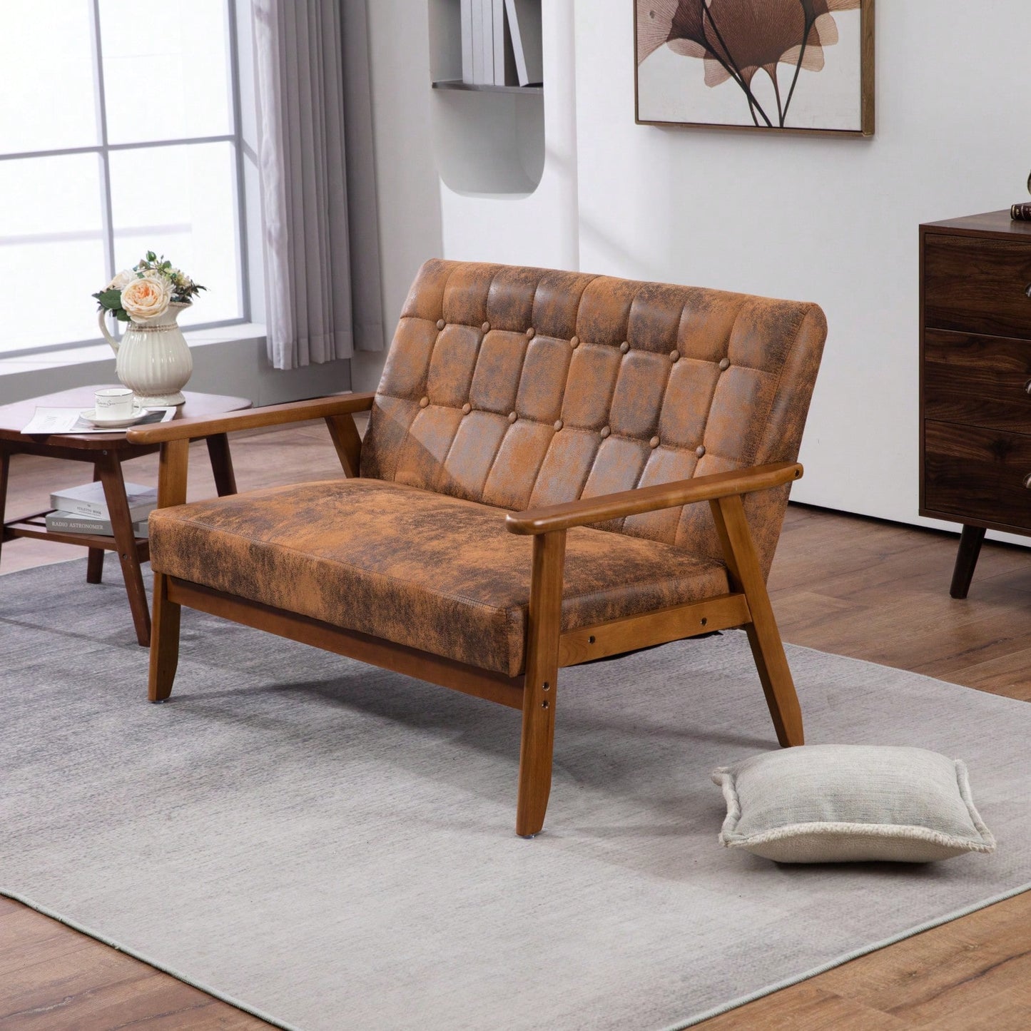 2-Seat Wood Armchair Living Room/Outdoor Lounge Chair Pu Leather Upholstered Loveseat Sofa