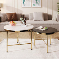 Modern Nesting Coffee Tables Set 2-Piece Round Side Tables with Black White Sintered Stone Tops Gold Metal Base 23.6 17.7 Inch