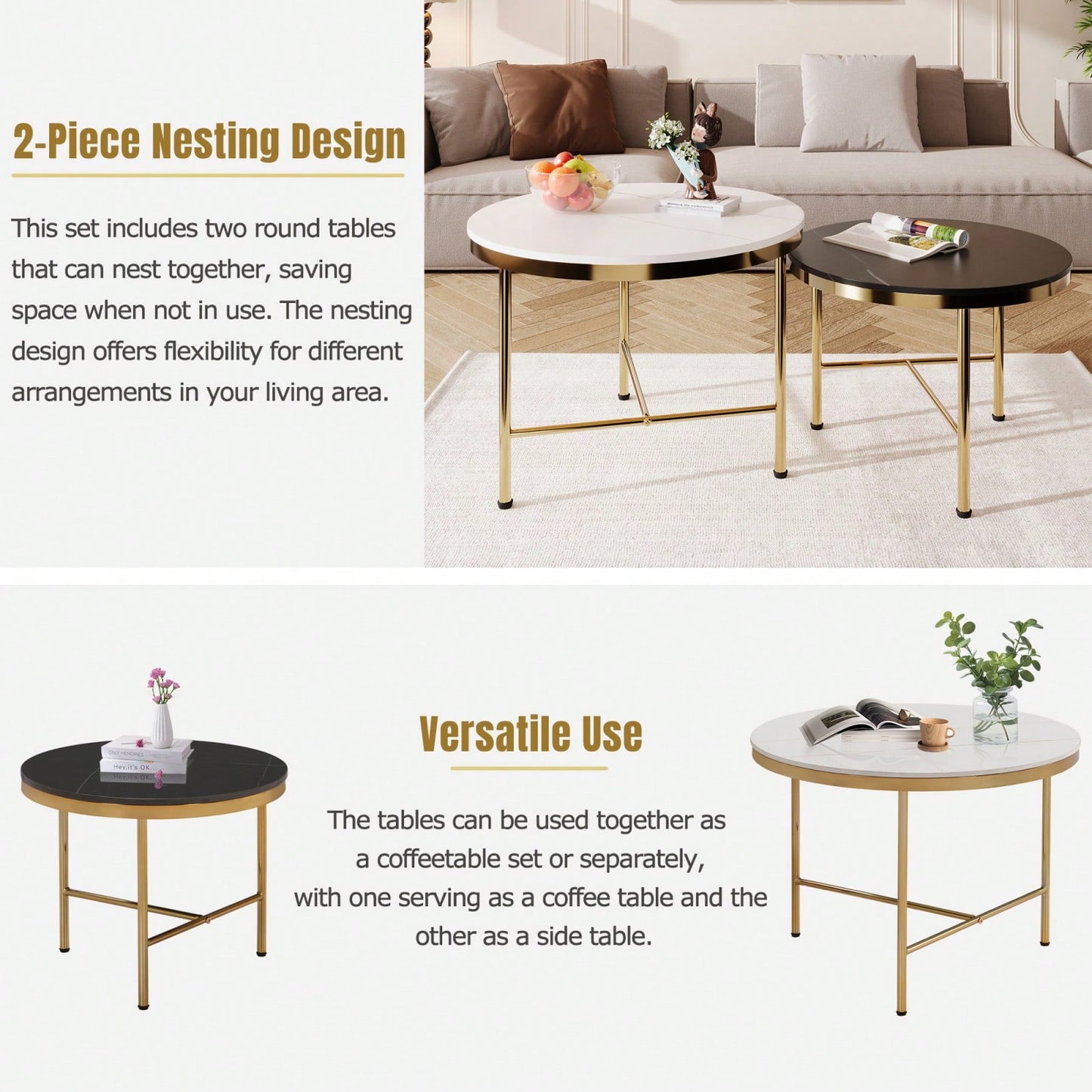 Modern Nesting Coffee Tables Set 2-Piece Round Side Tables with Black White Sintered Stone Tops Gold Metal Base 23.6 17.7 Inch