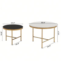 Modern Nesting Coffee Tables Set 2-Piece Round Side Tables with Black White Sintered Stone Tops Gold Metal Base 23.6 17.7 Inch