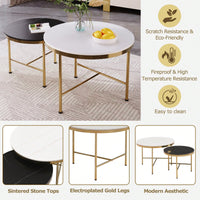 Modern Nesting Coffee Tables Set 2-Piece Round Side Tables with Black White Sintered Stone Tops Gold Metal Base 23.6 17.7 Inch