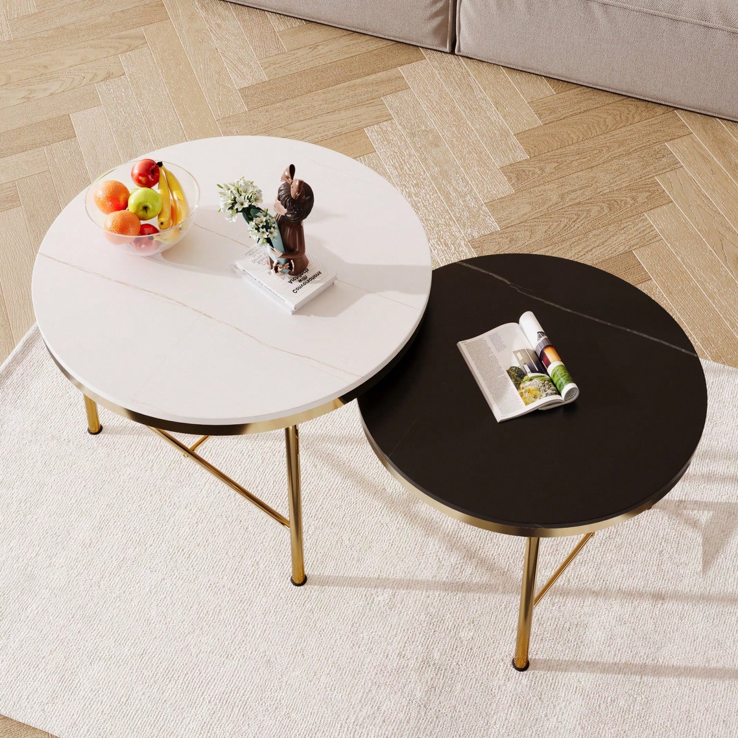 Modern Nesting Coffee Tables Set 2-Piece Round Side Tables with Black White Sintered Stone Tops Gold Metal Base 23.6 17.7 Inch