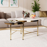 Modern Nesting Coffee Tables Set 2-Piece Round Side Tables with Black White Sintered Stone Tops Gold Metal Base 23.6 17.7 Inch