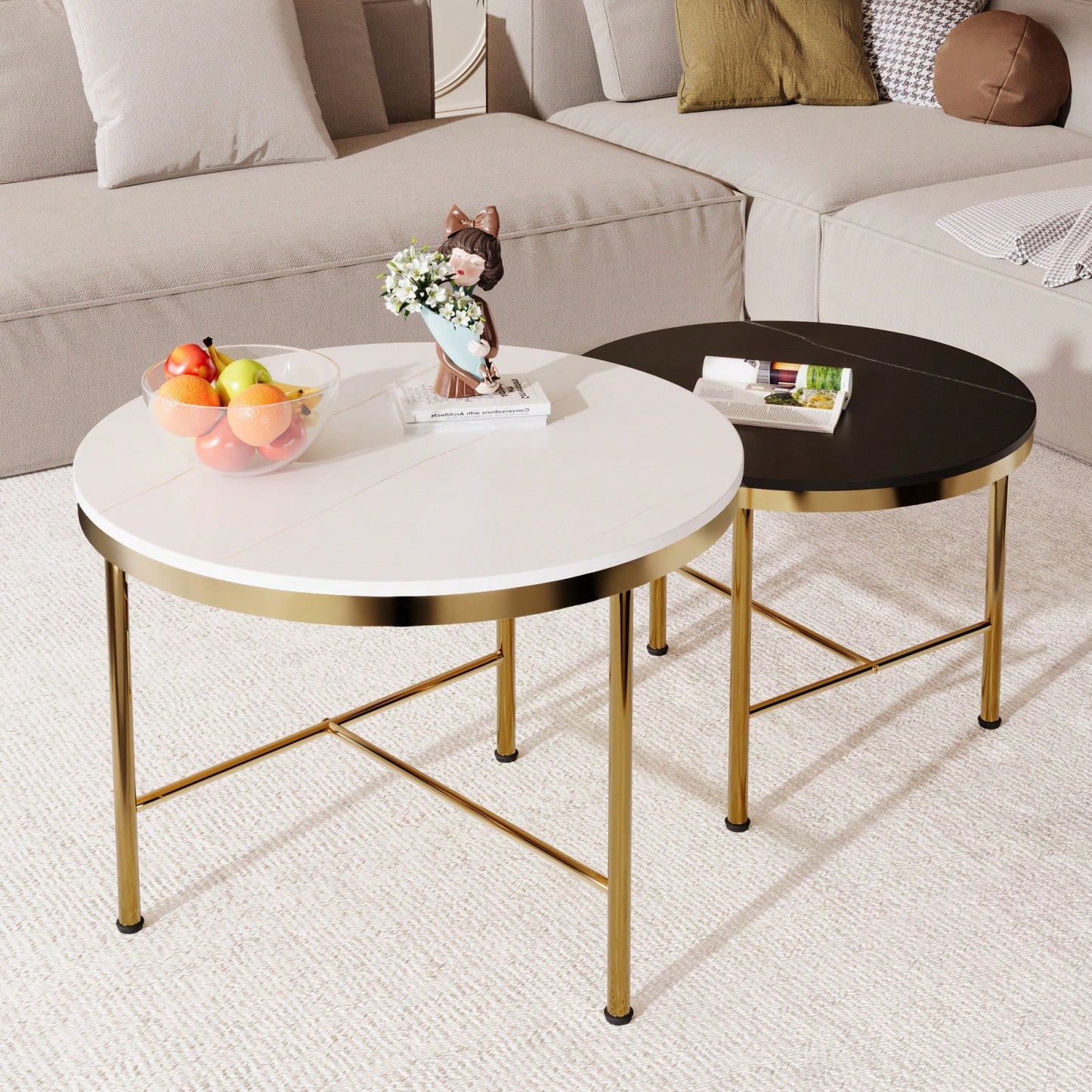 Modern Nesting Coffee Tables Set 2-Piece Round Side Tables with Black White Sintered Stone Tops Gold Metal Base 23.6 17.7 Inch