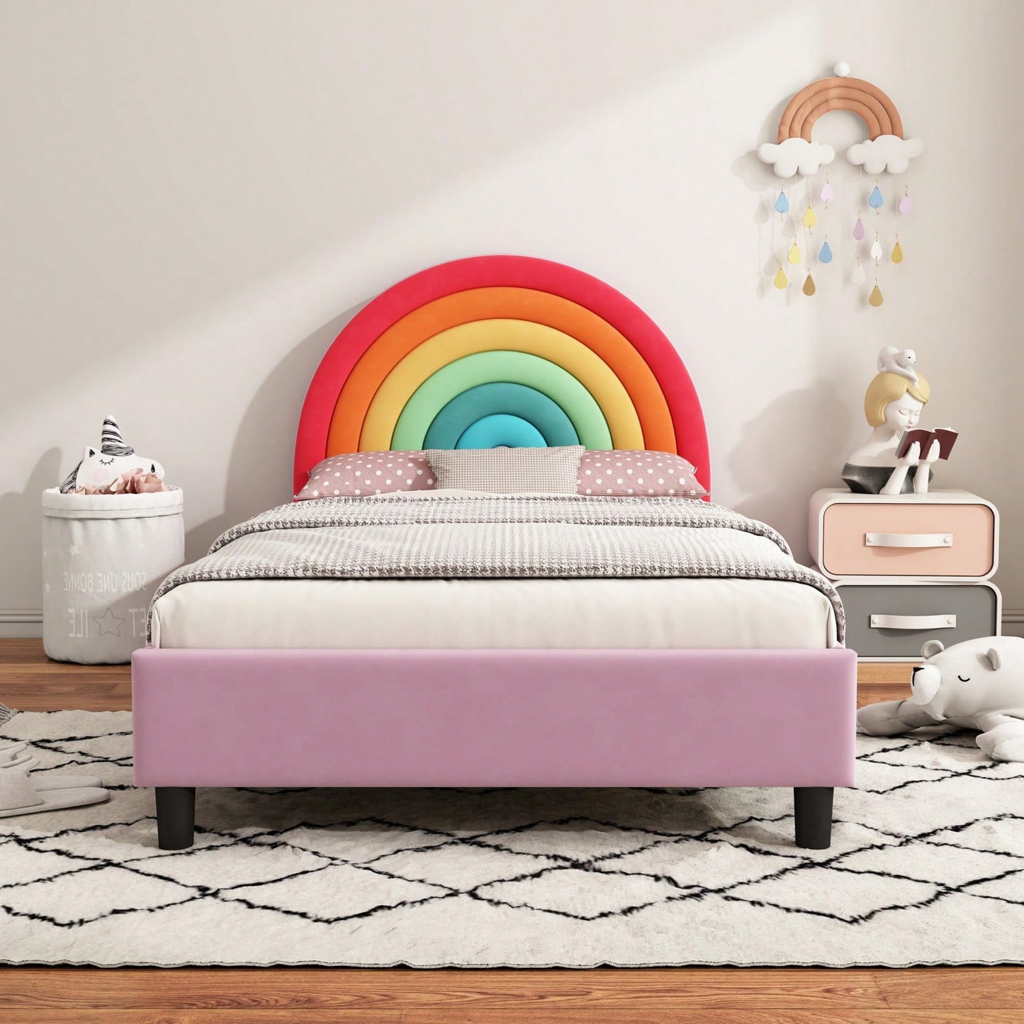 Upholstered Twin Platform Bed Cute Style Princess Bed For Boys & Girls