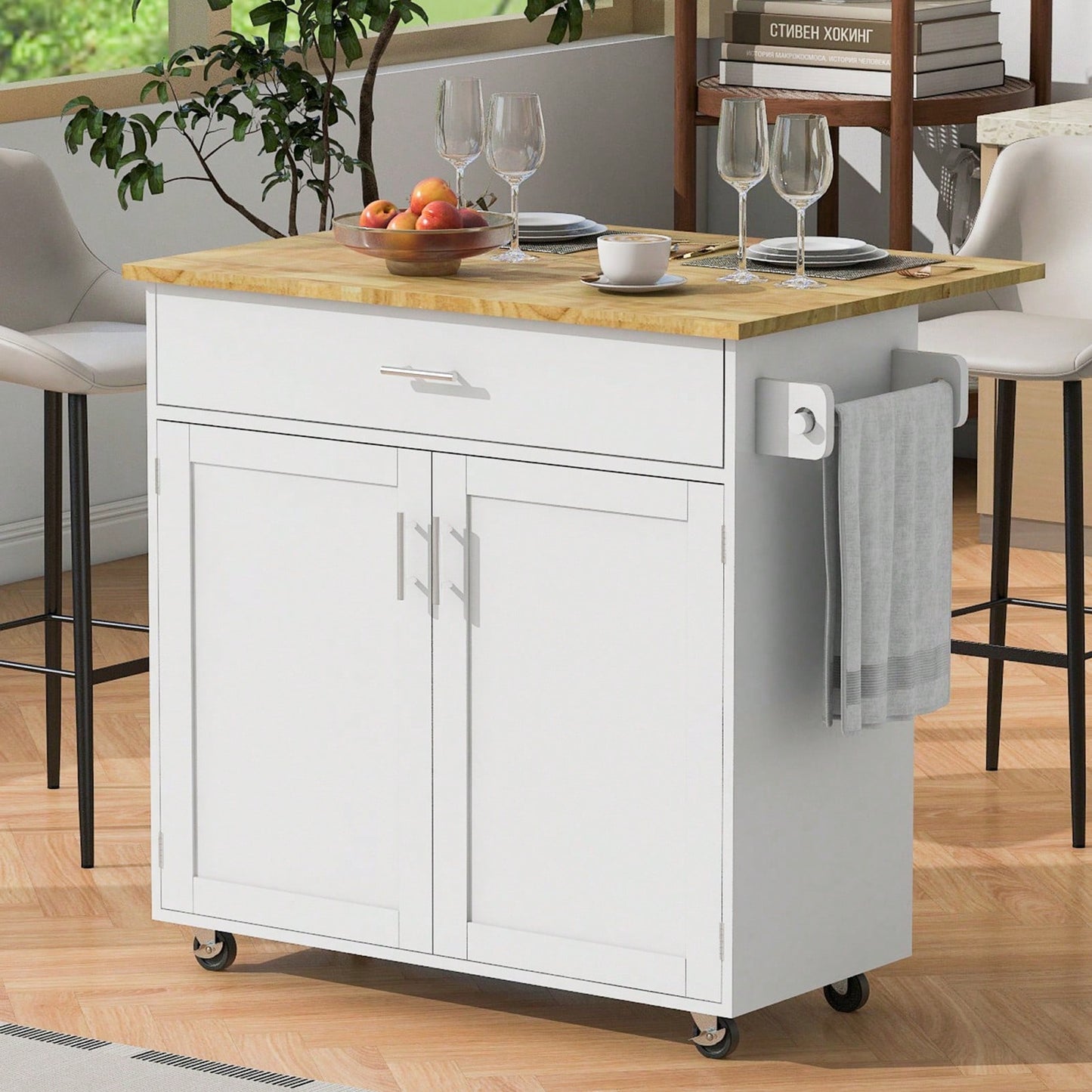 Mobile Kitchen Island Cart with Drop-Leaf Rubber Wood Top Storage Drawer Adjustable Shelf Locking Wheels