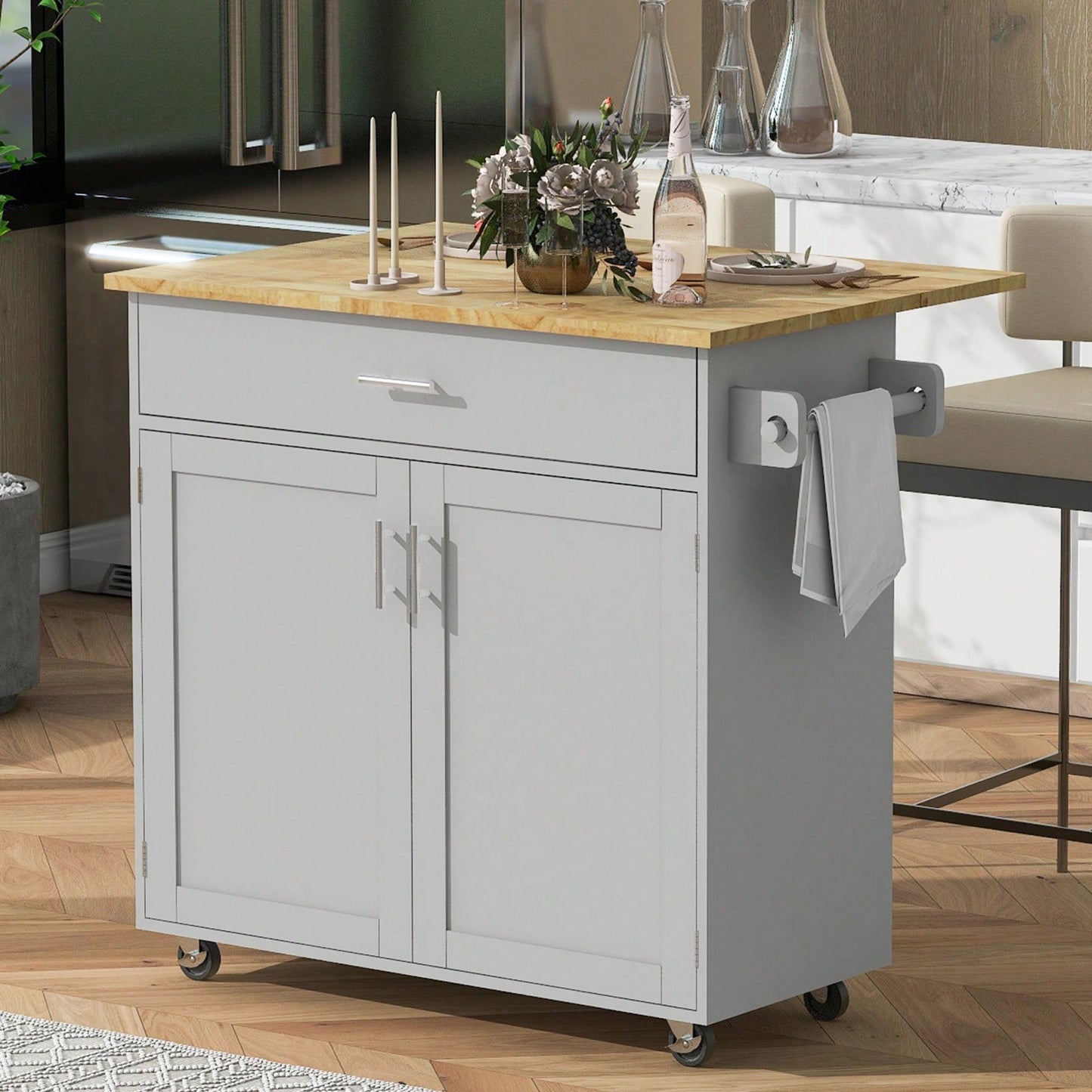 Mobile Kitchen Island Cart with Drop-Leaf Rubber Wood Top Storage Drawer Adjustable Shelf Locking Wheels