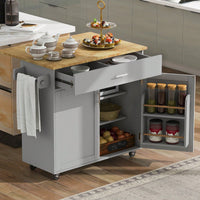 Mobile Kitchen Island Cart with Drop-Leaf Rubber Wood Top Storage Drawer Adjustable Shelf Locking Wheels