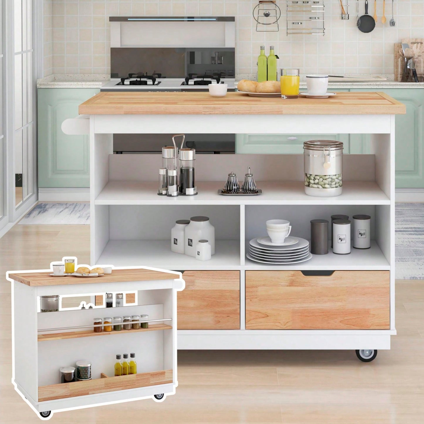 Mobile Kitchen Island Cart with Storage and Wood Top - Rolling Two-Sided Cart with Wine Rack, Spice Rack, Drawers and Open Compartments