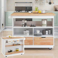 Mobile Kitchen Island Cart with Storage and Wood Top - Rolling Two-Sided Cart with Wine Rack, Spice Rack, Drawers and Open Compartments