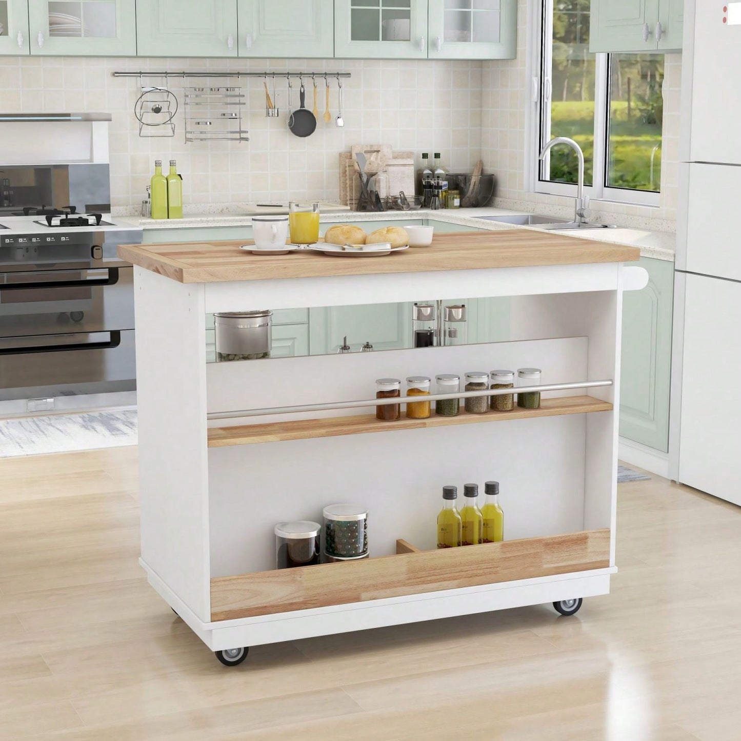 Mobile Kitchen Island Cart with Storage and Wood Top - Rolling Two-Sided Cart with Wine Rack, Spice Rack, Drawers and Open Compartments