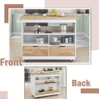 Mobile Kitchen Island Cart with Storage and Wood Top - Rolling Two-Sided Cart with Wine Rack, Spice Rack, Drawers and Open Compartments