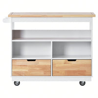 Mobile Kitchen Island Cart with Storage and Wood Top - Rolling Two-Sided Cart with Wine Rack, Spice Rack, Drawers and Open Compartments