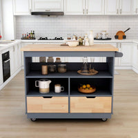 Mobile Kitchen Island Cart with Storage and Wood Top - Rolling Two-Sided Cart with Wine Rack, Spice Rack, Drawers and Open Compartments