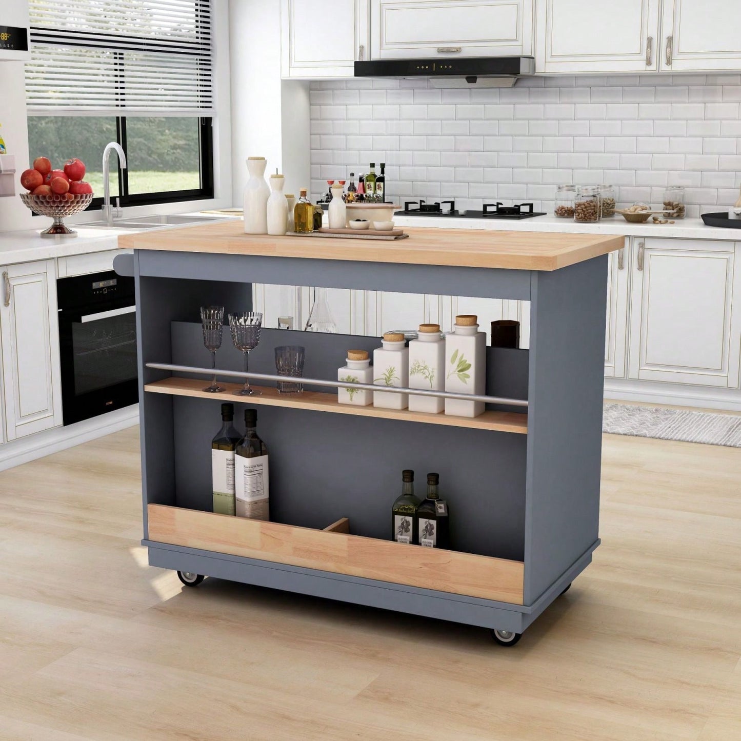 Mobile Kitchen Island Cart with Storage and Wood Top - Rolling Two-Sided Cart with Wine Rack, Spice Rack, Drawers and Open Compartments