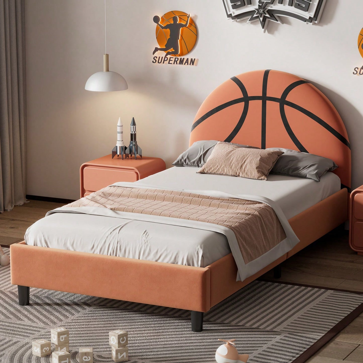 Sports-Themed Twin Platform Bed Frame for Kids and Teens Upholstered No Box Spring Required Easy Assembly Orange