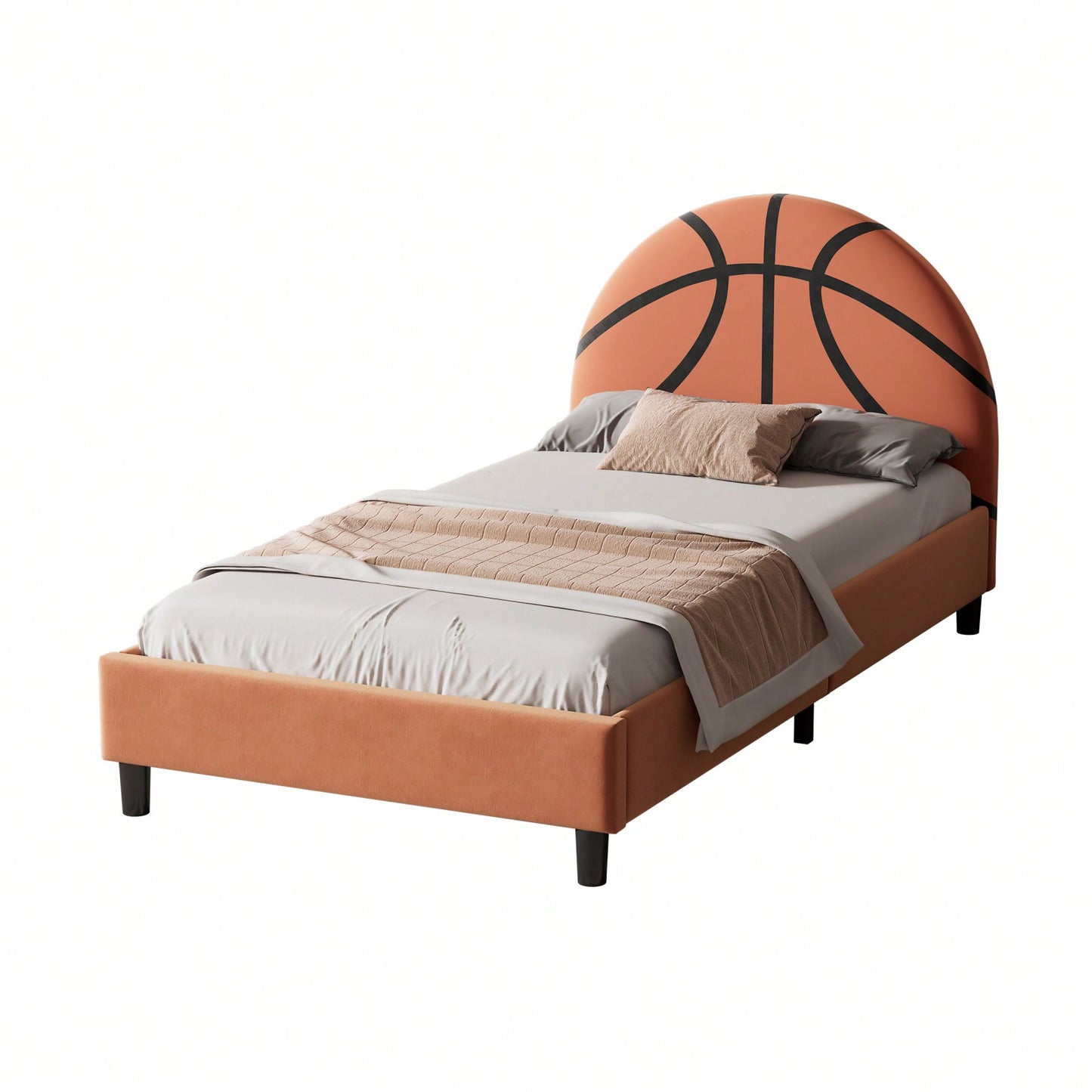 Sports-Themed Twin Platform Bed Frame for Kids and Teens Upholstered No Box Spring Required Easy Assembly Orange