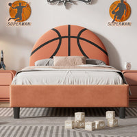 Sports-Themed Twin Platform Bed Frame for Kids and Teens Upholstered No Box Spring Required Easy Assembly Orange