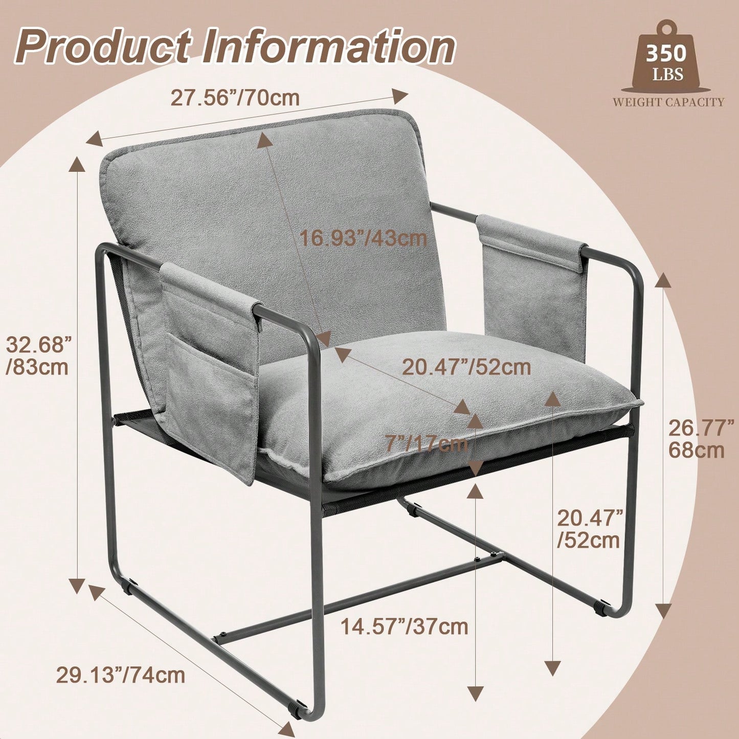 2 Piece Grey Upholstered Hanging Chair Set with Arm Pockets and Crushed Foam Cushions for Living Room Bedroom or Balcony