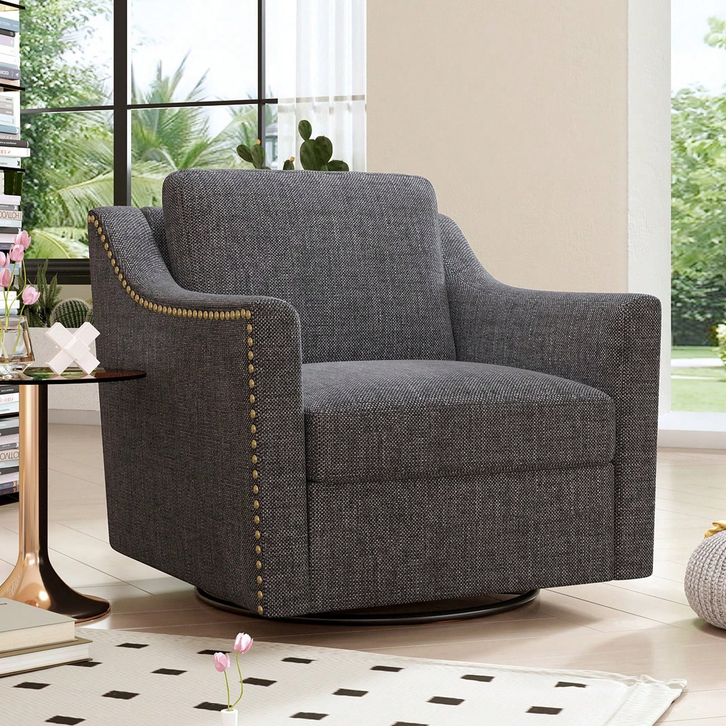 Ergonomic 360° Swivel Accent Chair Soft Cotton Linen Upholstered Armchair for Living Room Bedroom Office