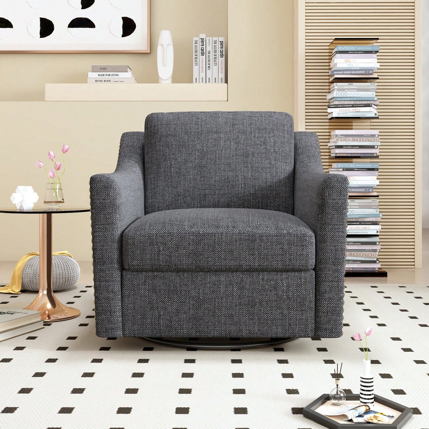 Ergonomic 360° Swivel Accent Chair Soft Cotton Linen Upholstered Armchair for Living Room Bedroom Office