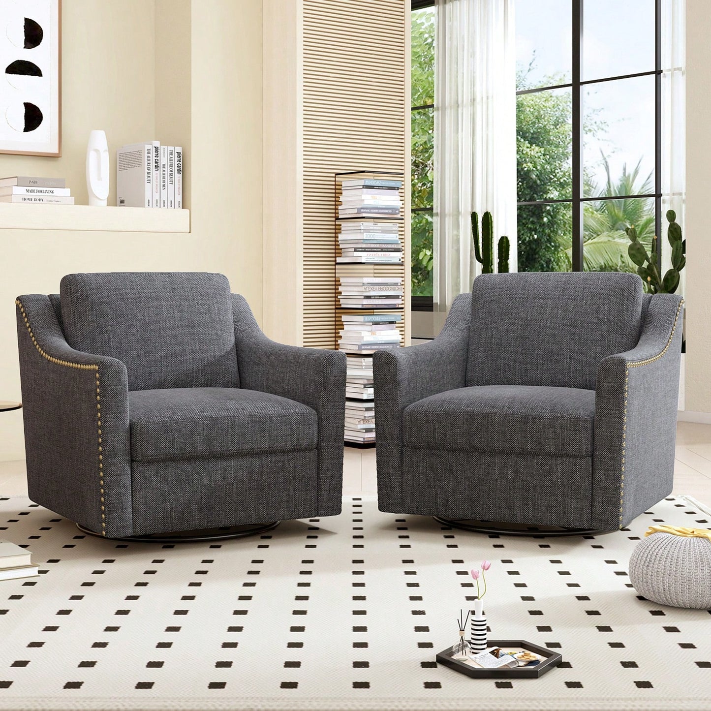 Ergonomic 360° Swivel Accent Chair Soft Cotton Linen Upholstered Armchair for Living Room Bedroom Office