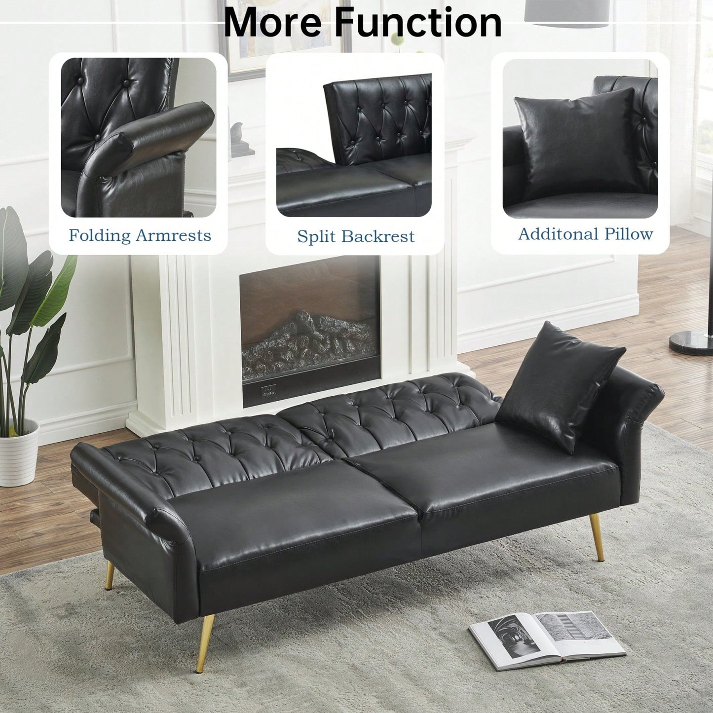 Versatile 3-in-1 Faux Leather Sofa Bed with Adjustable Armrests and Backrest for Small Spaces