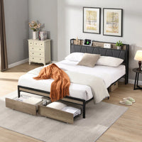 Upholstered Metal Platform Bed Frame with Storage Drawers and Headboard No Box Spring Needed Easy Assembly