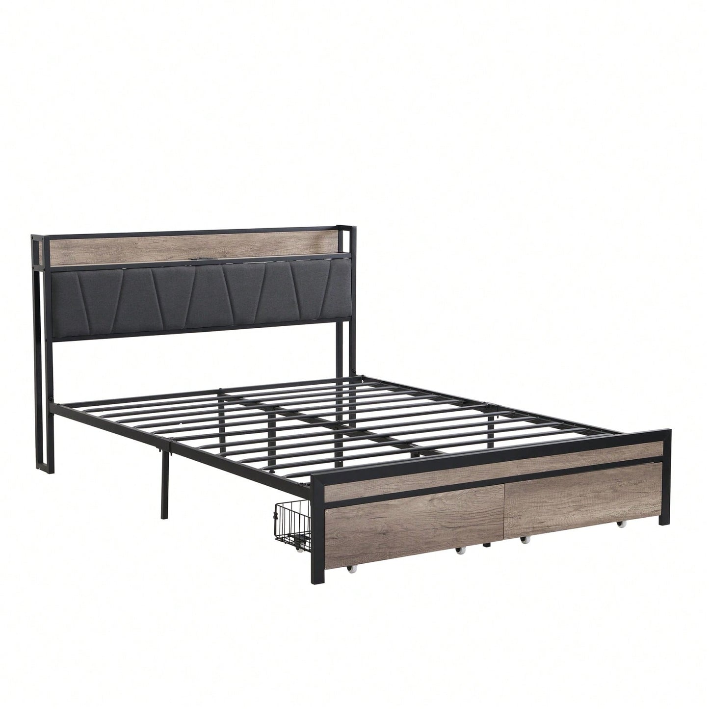 Upholstered Metal Platform Bed Frame with Storage Drawers and Headboard No Box Spring Needed Easy Assembly